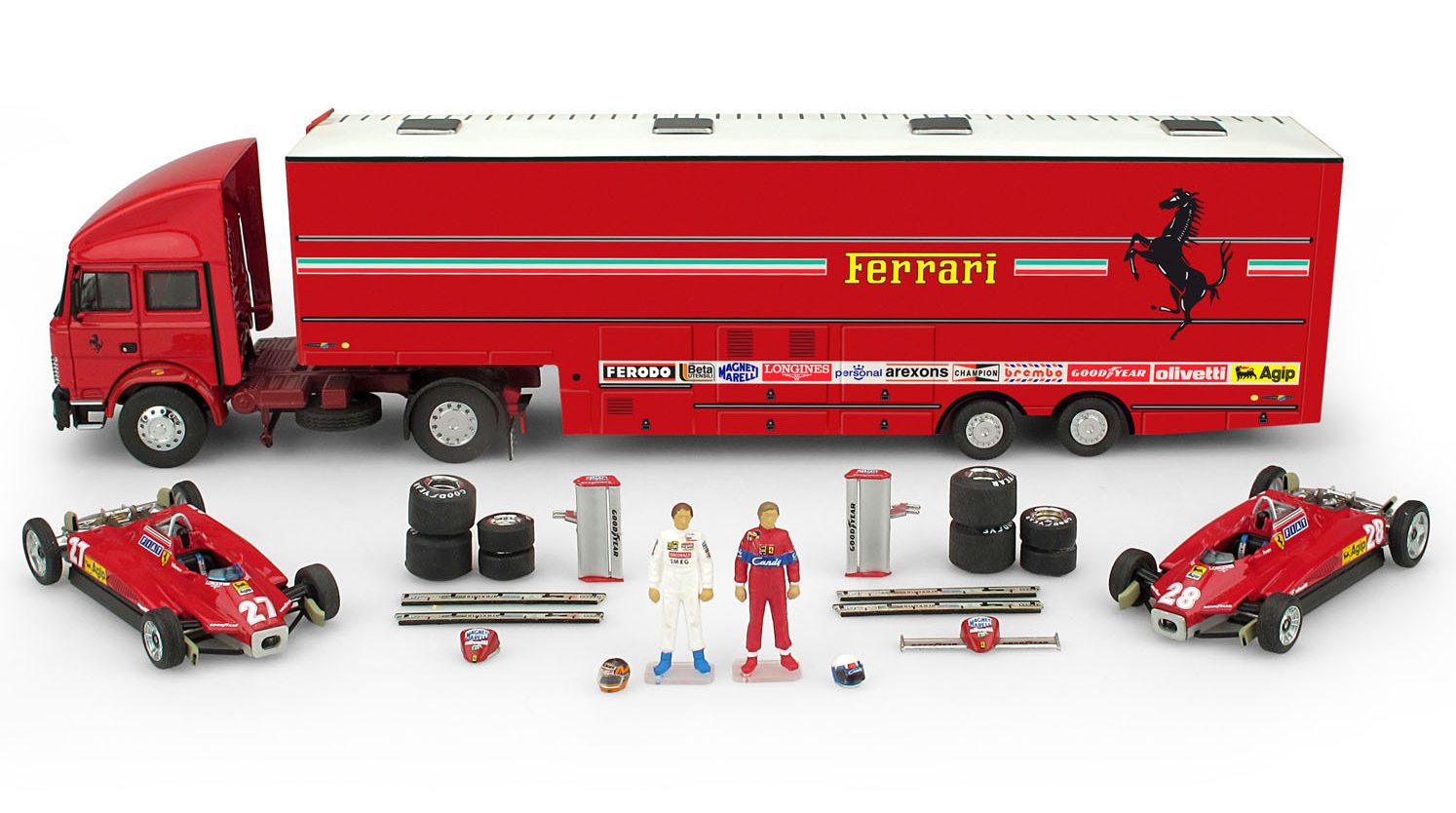 Ferrari Race Transporter Complete Set 1982 Fiat Iveco Truck+ 2xFerrari 126C2  + accessories by brumm