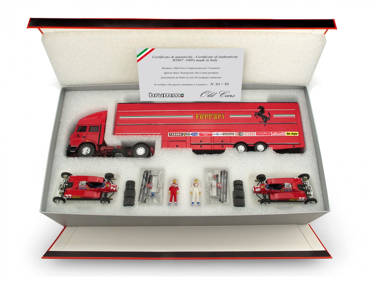 Ferrari Race Transporter Set F1 GP Italy 1982 +2x Ferrari 126C2 + figures + accessories - brumm