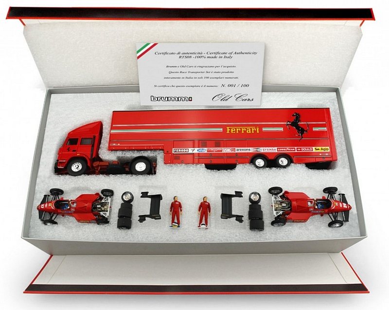 Ferrari Iveco Transporter GP Monaco 1984 +2x Ferrari 126C4 + Alboreto & Arnoux figures + accessories - brumm