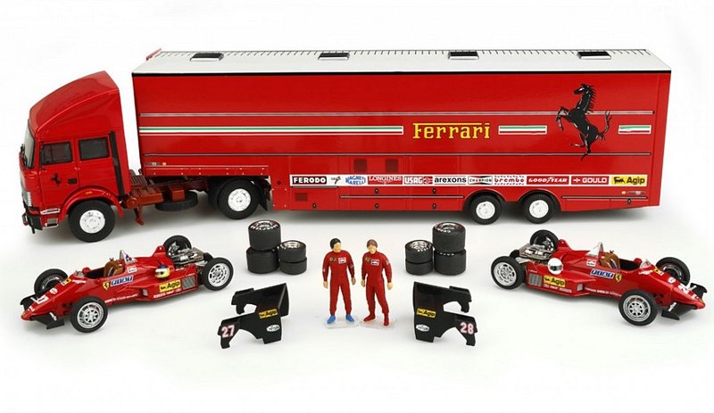 Ferrari Iveco Transporter GP Monaco 1984 +2x Ferrari 126C4 + Alboreto & Arnoux figures + accessories by brumm