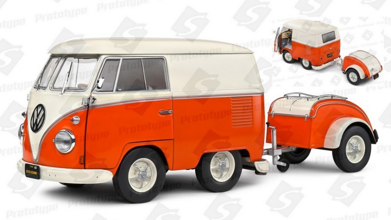 Volkswagen T1 Van Kool Combi with trailer 1950 (Orange/White) by solido